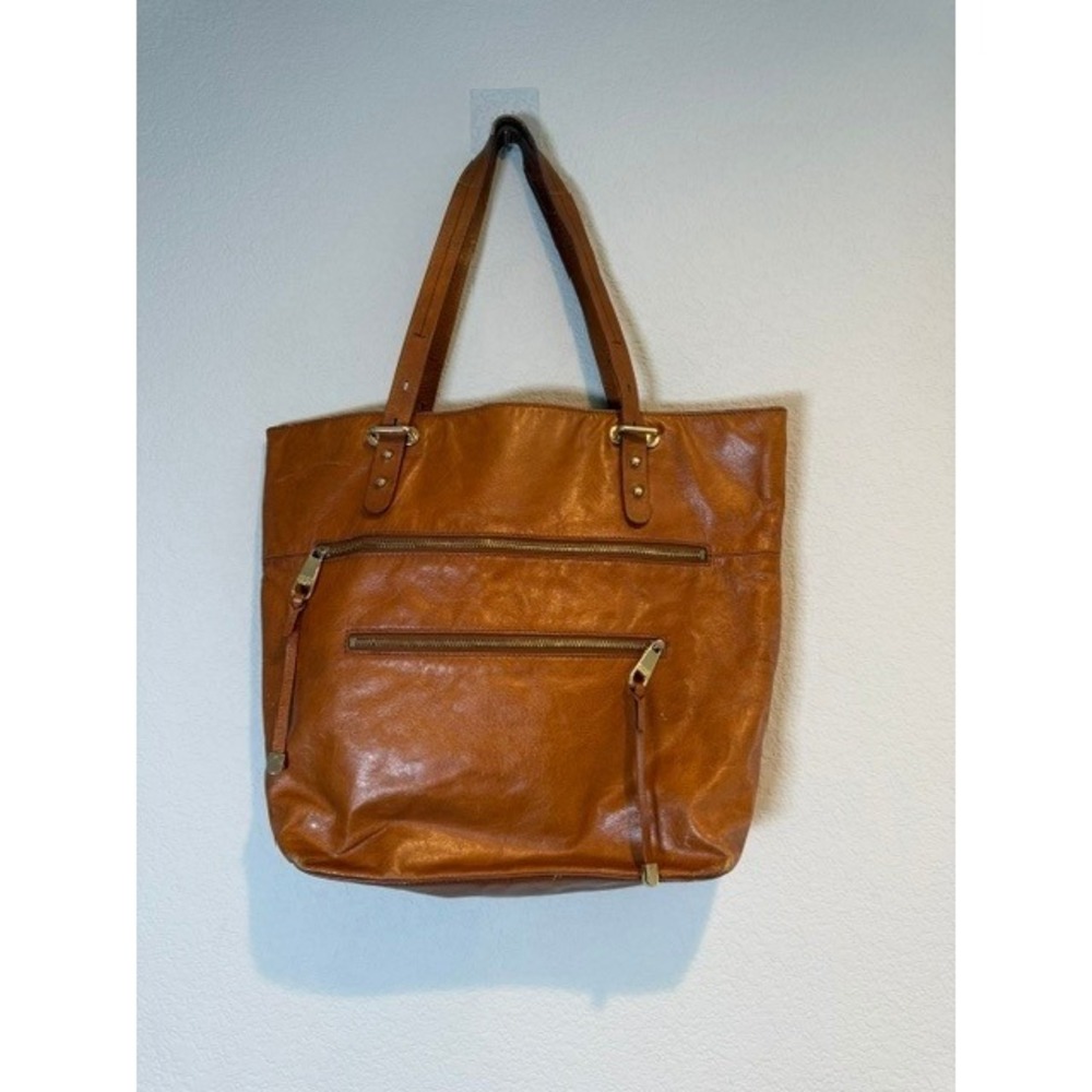 Badgley Mischka Brown Leather Tote Bag Shoulder Purse Cognac Gold Hardware